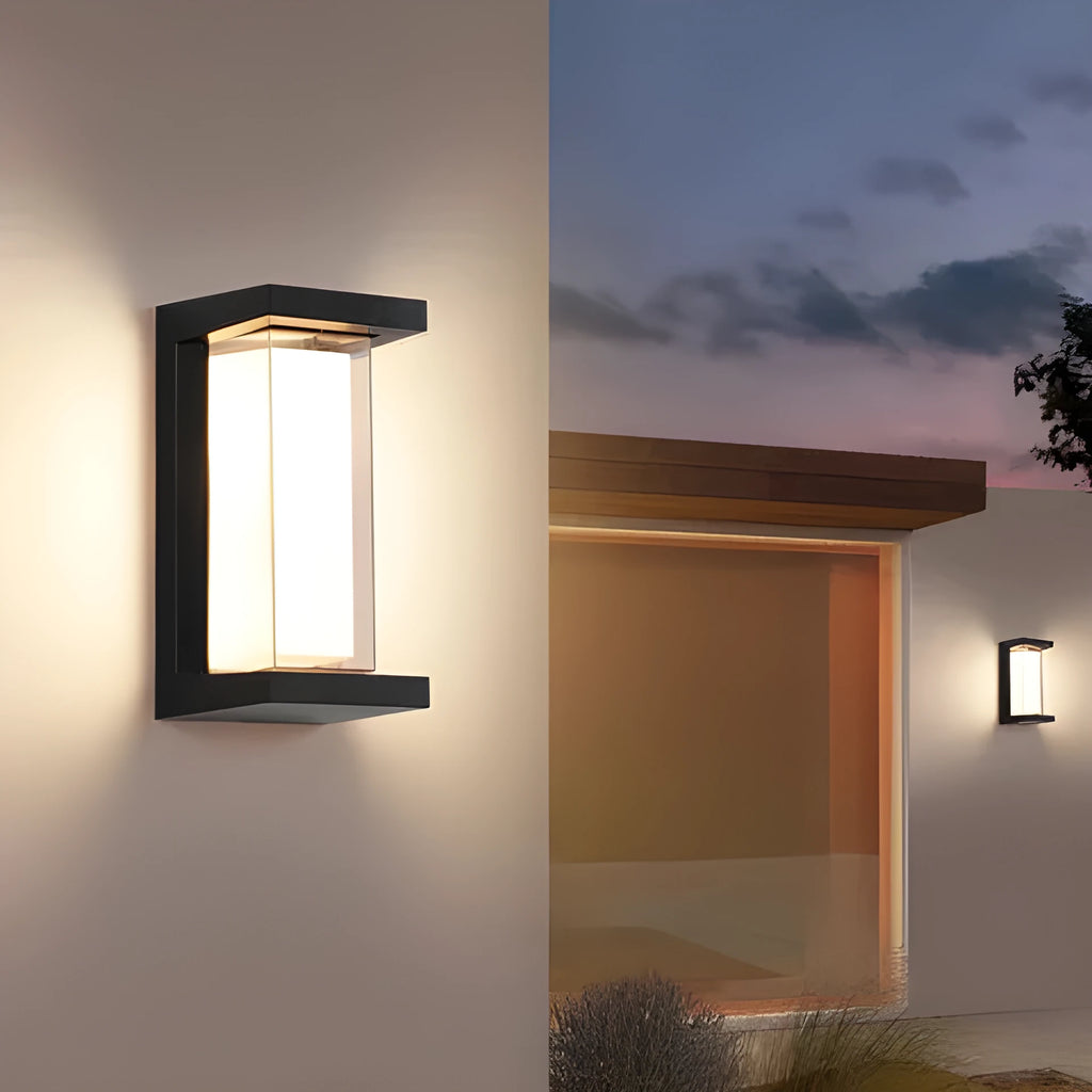 IP65 waterproof outdoor wall lamp with acrylic shade and aluminium body, shown in a garden setting.