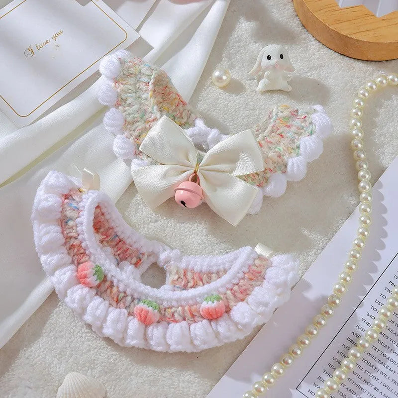 Handmade wool woven cat collar with embroidery for British Shorthair in pink bell bow colour