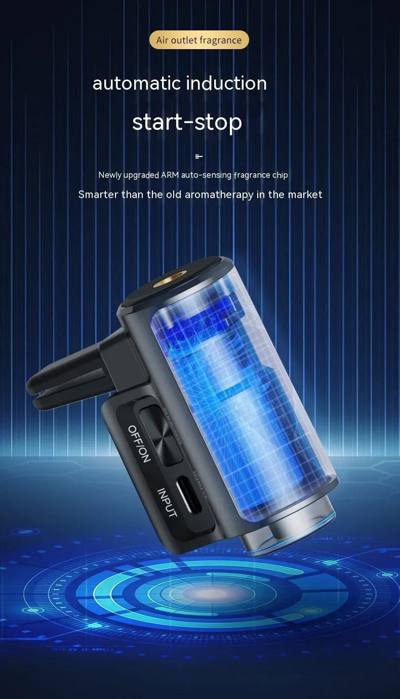 Obsidian black car vent clip aroma diffuser with essential oil bottle on a car air vent.