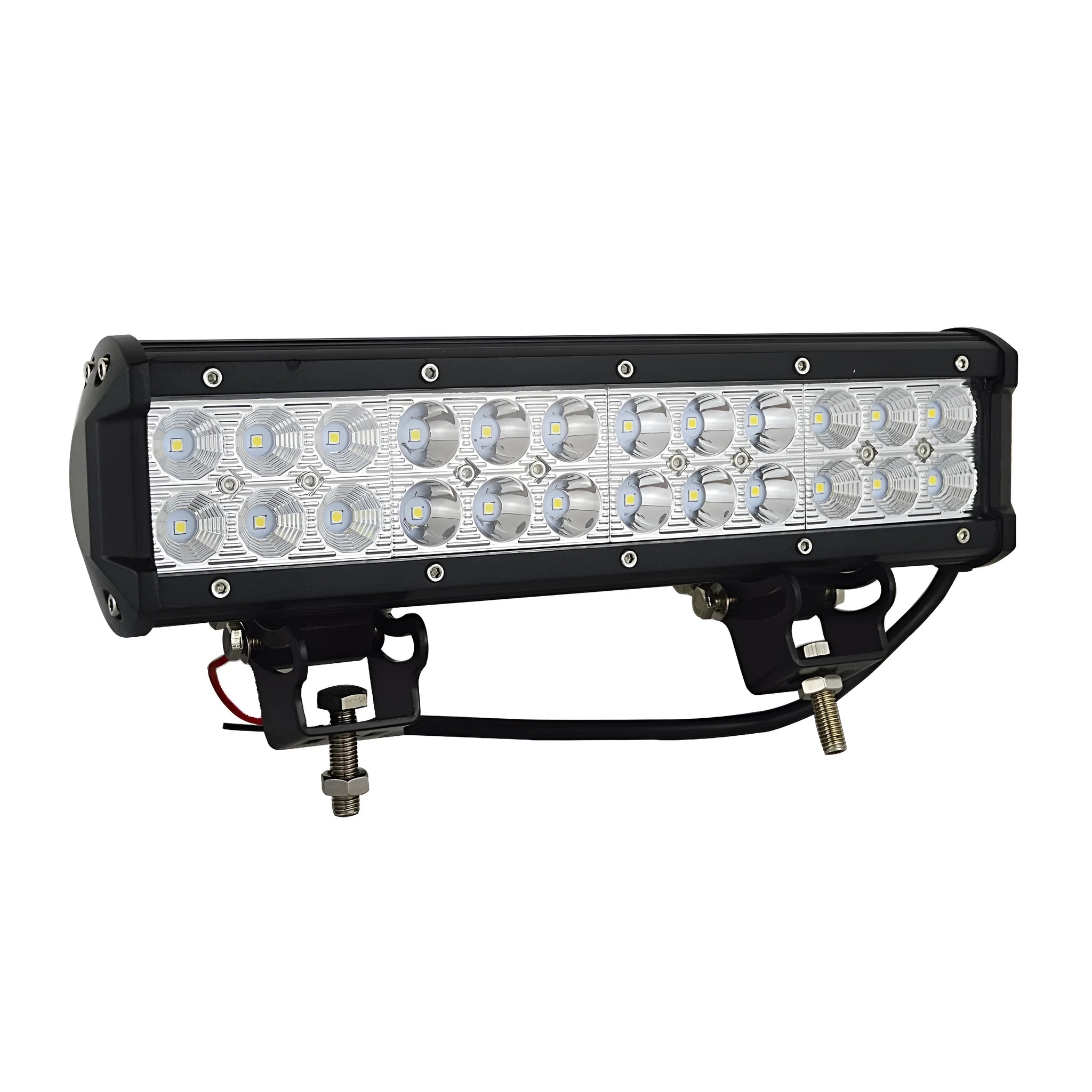 Black aluminium alloy dual row 72W LED roof light bar for off-road vehicles with a grille mount.