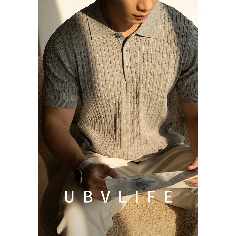 Men's short-sleeve top in khaki, black, or white for business and casual wear, showing fabric detail and fit