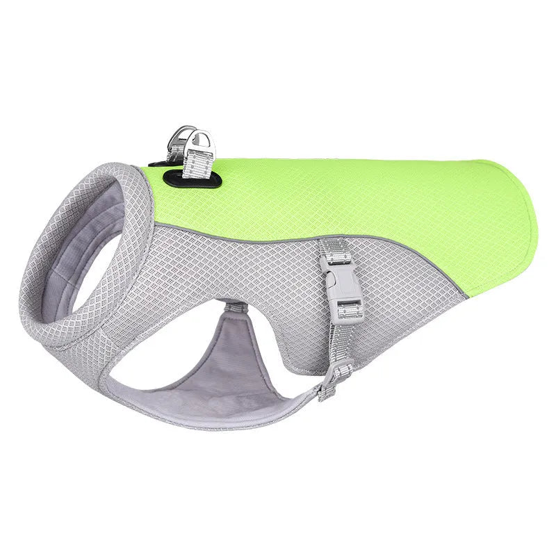 Orange dog cooling vest on a dog showing layered construction and adjustable fit