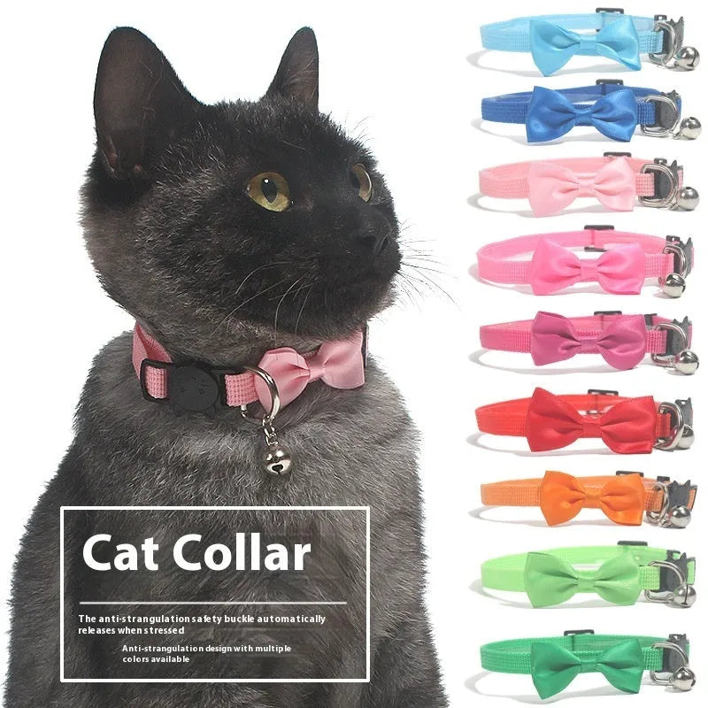 Multi-colour adjustable nylon bow cat collar with bell decoration in cartoon stripe pattern