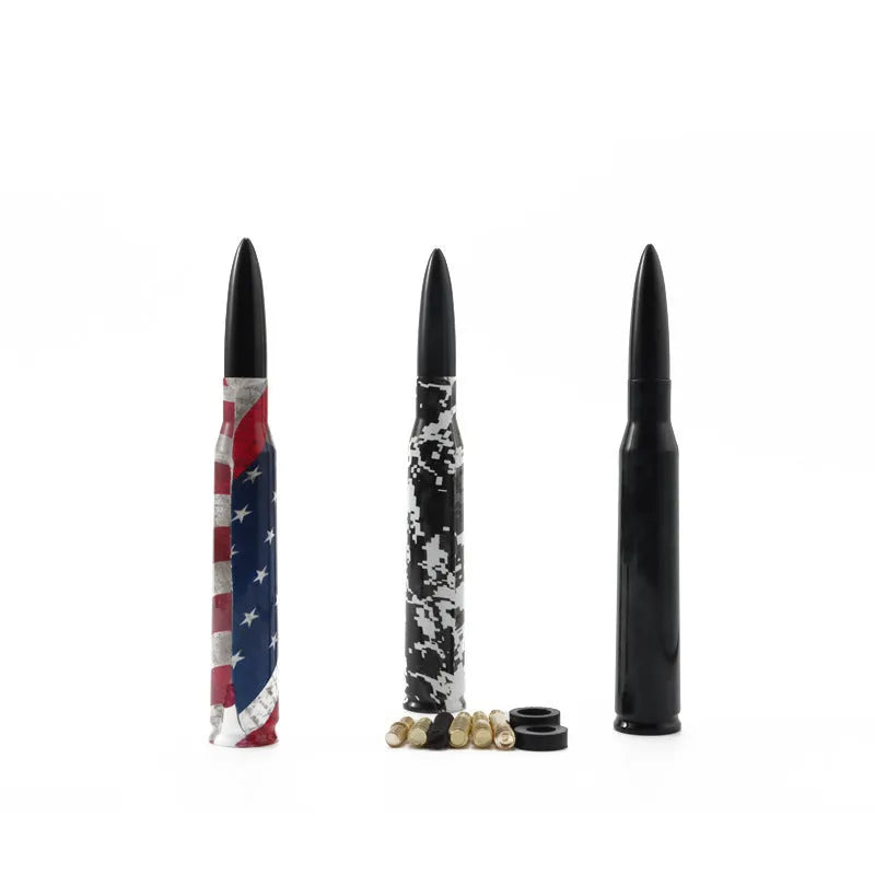 Universal 14cm car bullet antenna shown in black, camouflage green, and American flag designs.