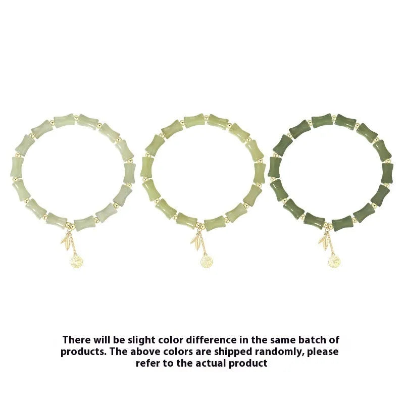 Chinese bamboo jade bracelet and necklace set with green jade details and safety clasp