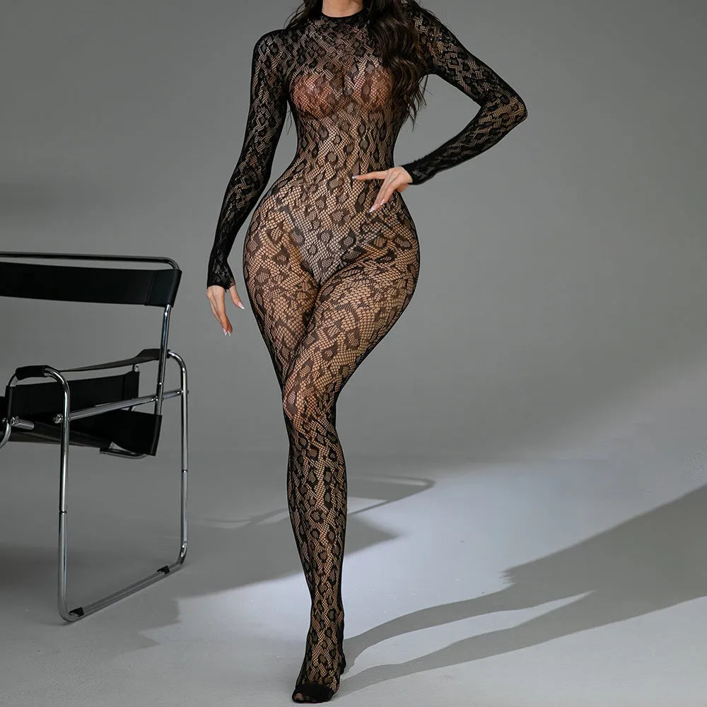 Women's fishnet lingerie bodysuit with long sleeves and backless jacquard detailing in multiple colours