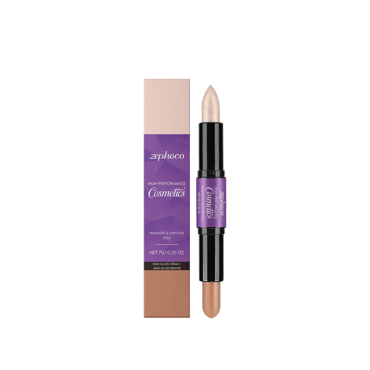 Dual-ended cream highlighter and contour stick for face makeup in matte, amber or high gloss finishes