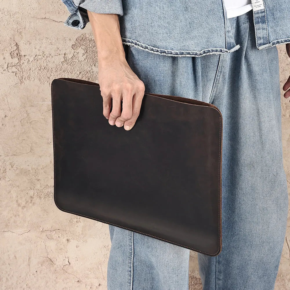 Brown crazy horse leather horizontal computer liner bag with first-layer cowhide construction and wear-resistant function