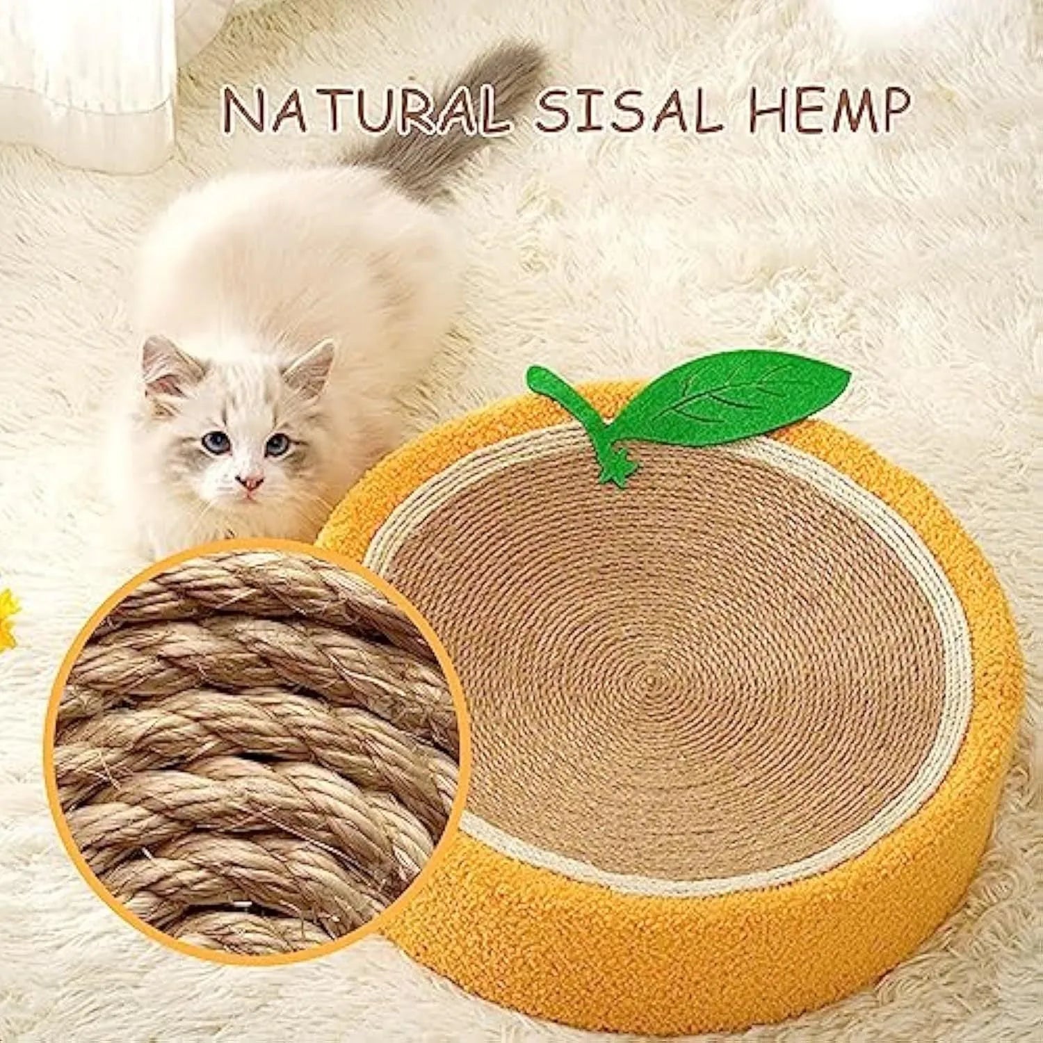 Yellow circular cat scratching board with sisal surface and concave centre for sleeping