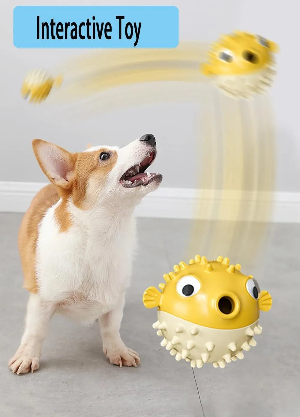 Green fish-shaped interactive dog toy with treat dispensing feature and dental cleaning particles