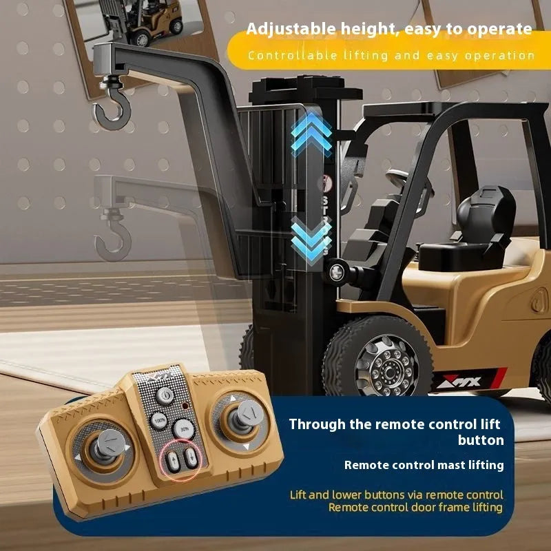 1:64 scale mini alloy forklift remote control car with cargo accessories on a table