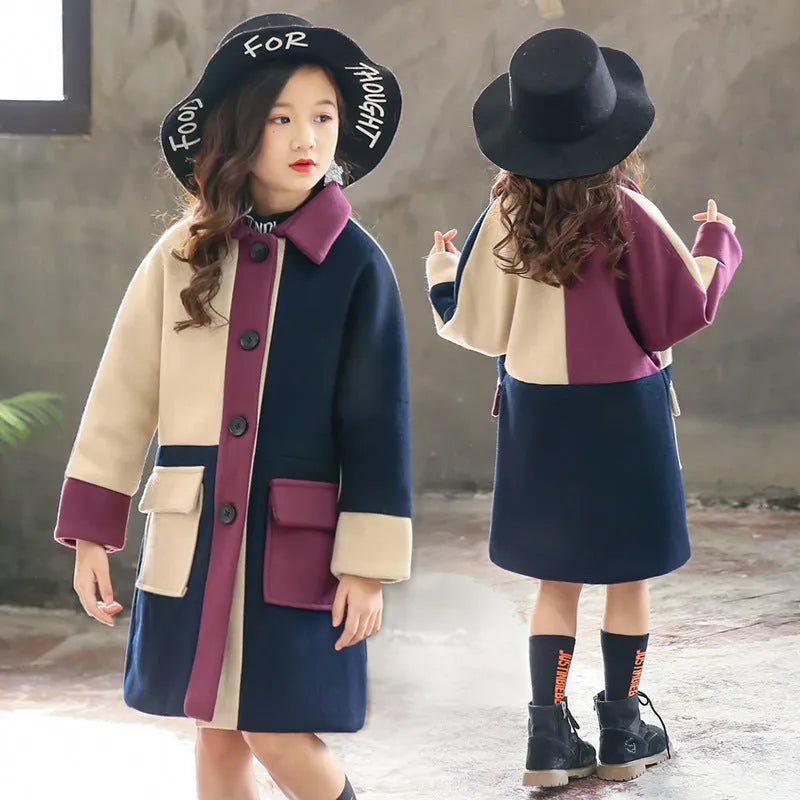 Big kids Korean woolen coat in purple contrast colour, long sleeve plain design, sizes 110-160cm