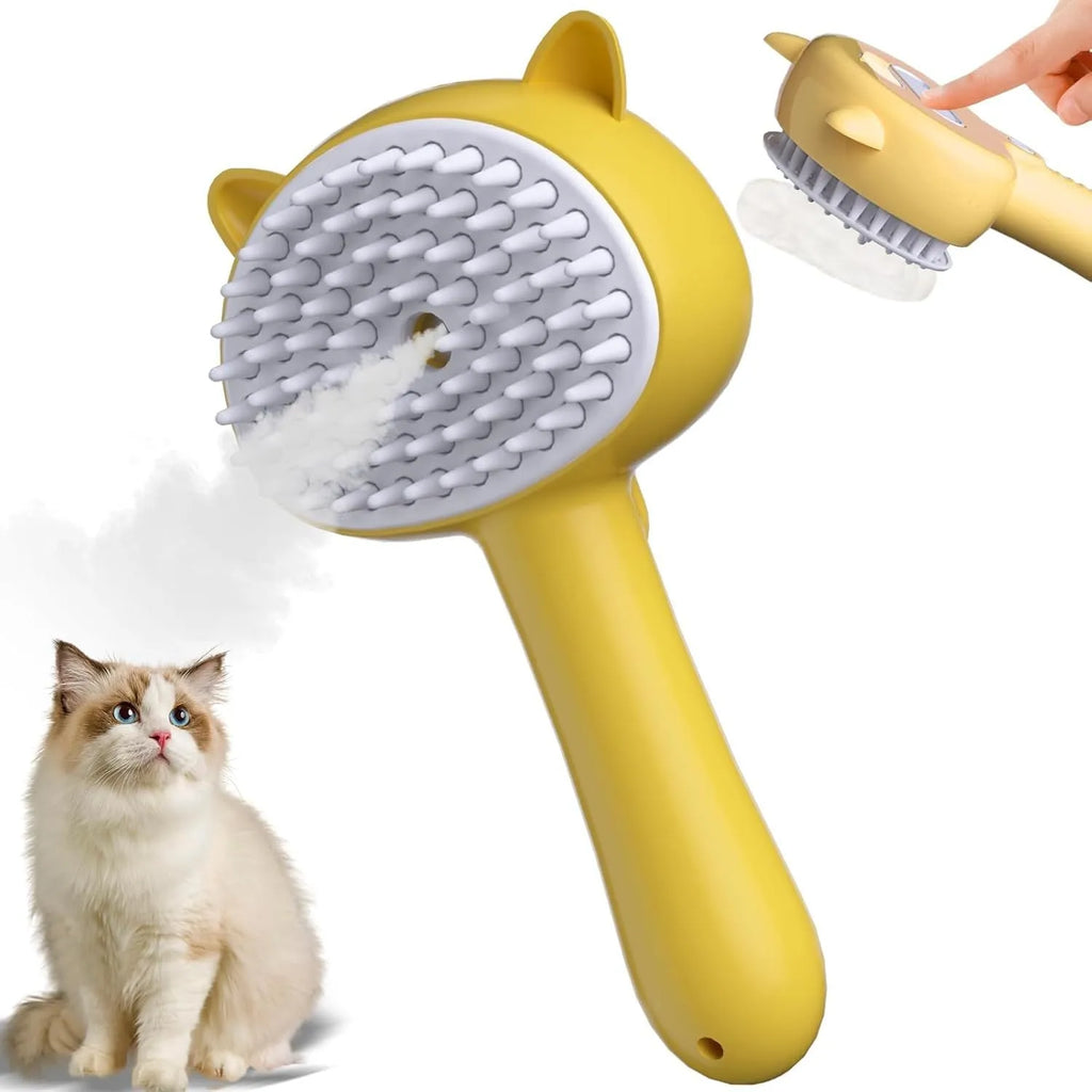 Cat steam brush with blue handle, rubber bristles, and one-click release button for pet grooming