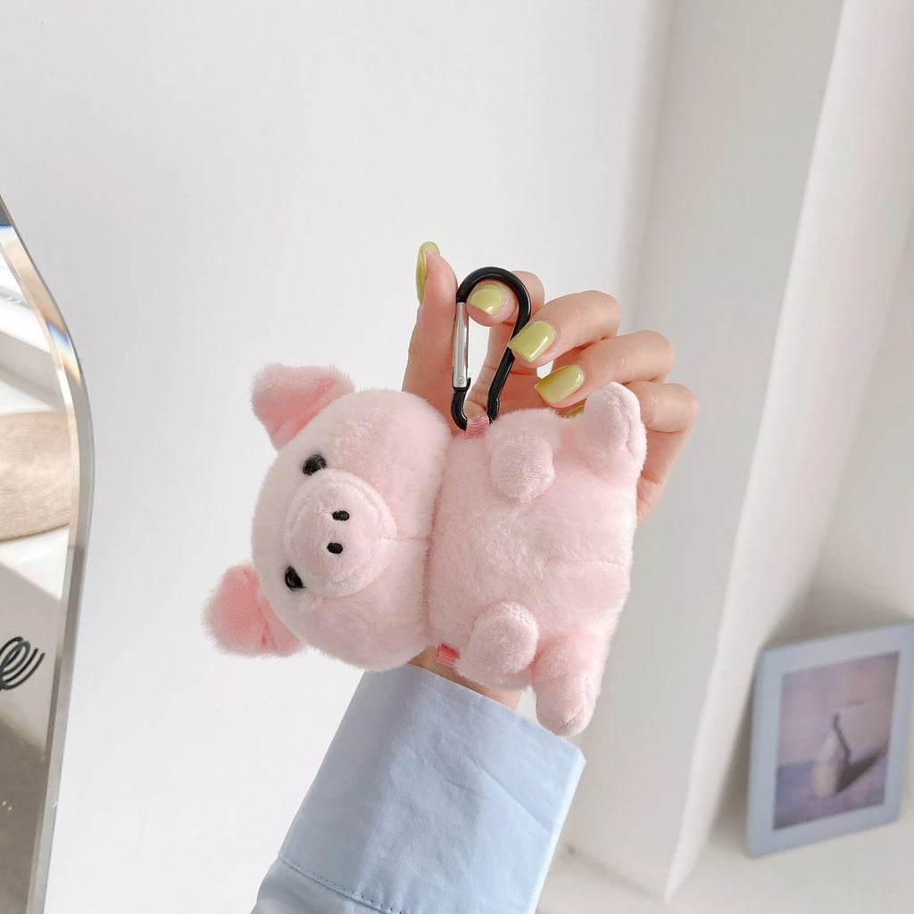 Pink pig cartoon plush earphone case for Apple AirPods 1 and 2, PC back cover with injection moulded shell