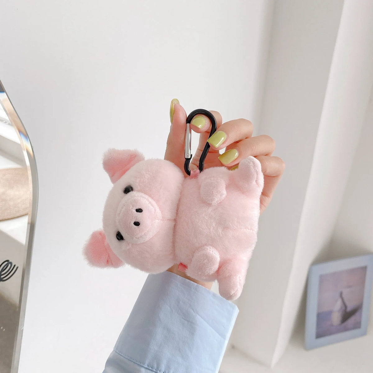Pink pig cartoon plush earphone case for Apple AirPods 1 and 2, PC back cover with injection moulded shell