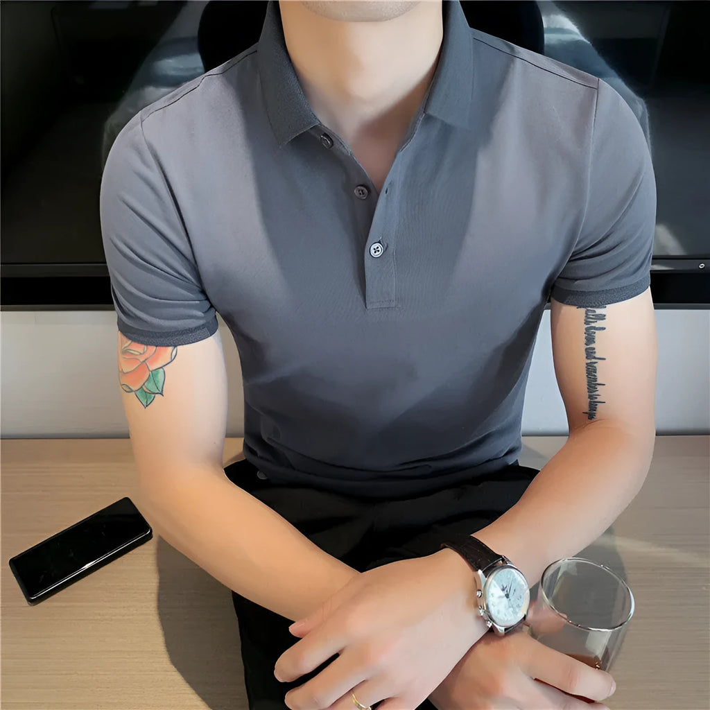 Solid colour polo shirt with lapels in slim Korean fit showing apricot colour option