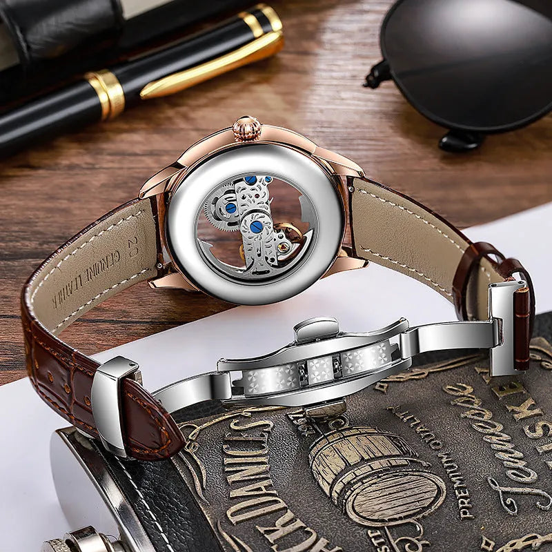Men's luxury zircon waterproof mechanical watch with onion crown and transparent case back on wrist