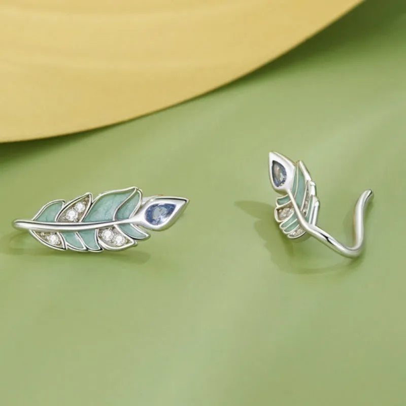 Feather stud earrings in S925 sterling silver with white gold plating, colour BSE933, women's all-match jewellery