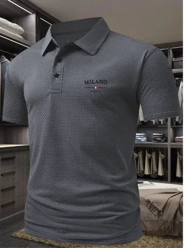 Men's loose-fitting short-sleeved lapel polo shirt in solid colour pinhole cloth fabric