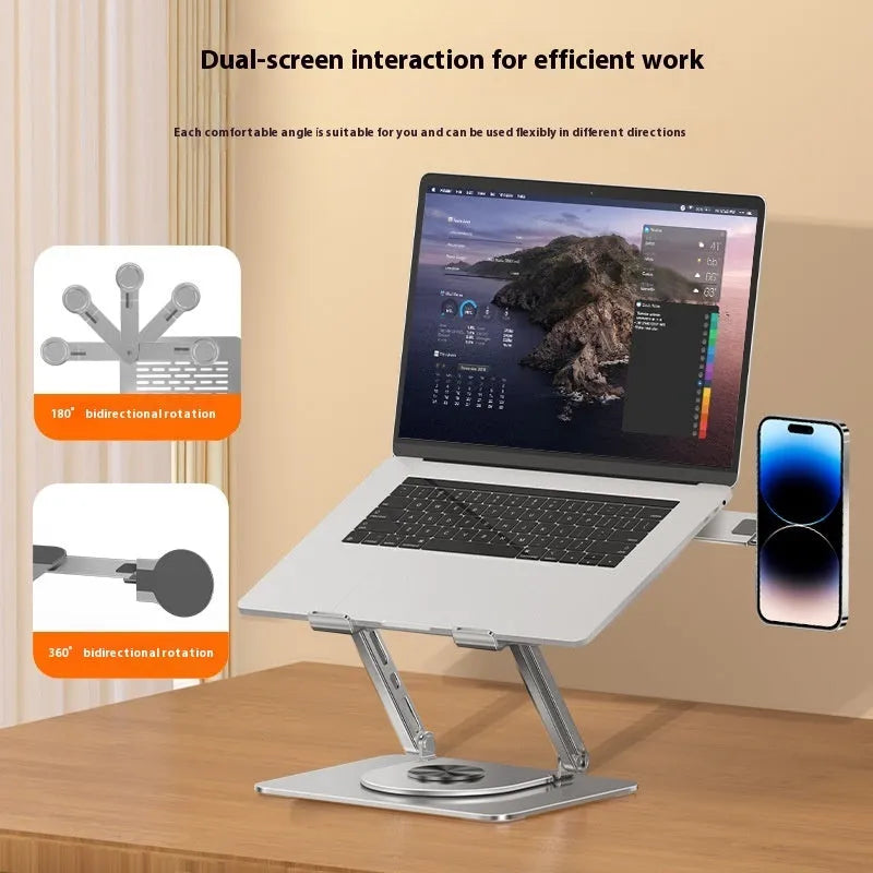 Silver carbon steel laptop stand with rotating magnetic phone holder supporting dual devices