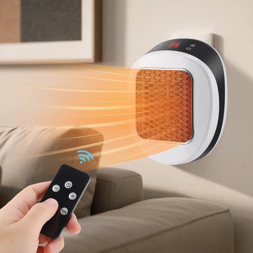 White ceramic electric heater with remote control showing 15-32 heat settings and 600W power rating