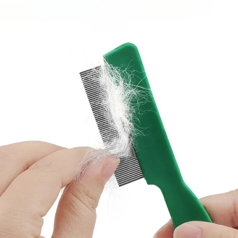 Green pet flea comb with stainless steel pins and plastic handle for grooming dogs and cats