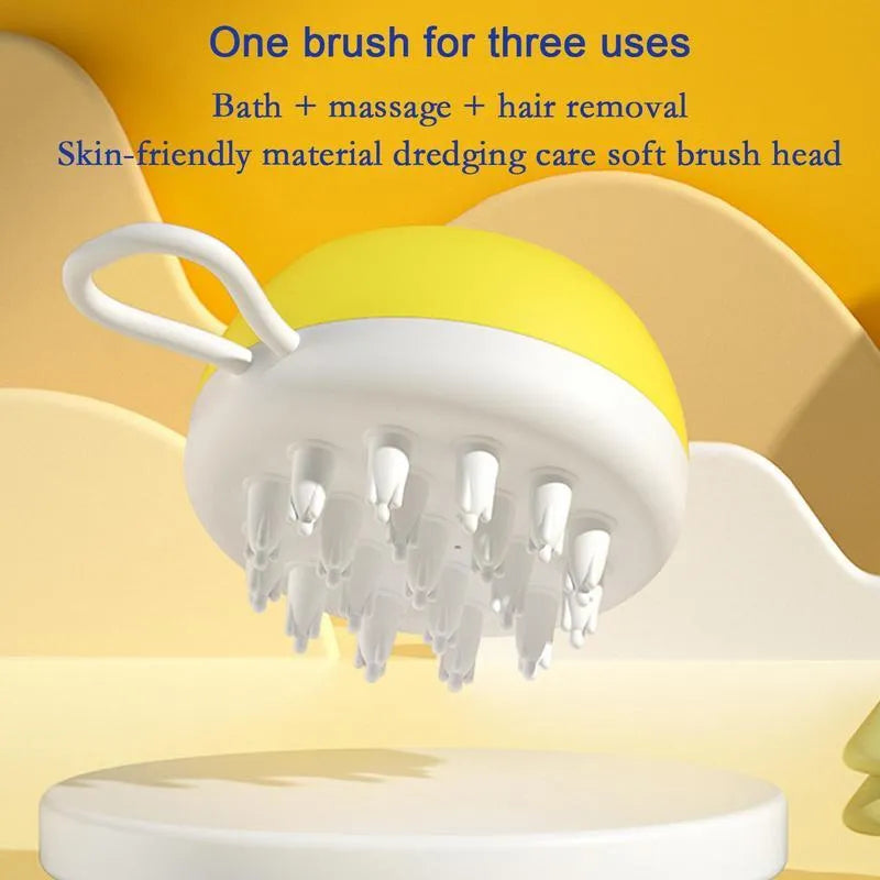 3-in-1 dog shampoo massage brush in blue, grey, or yellow colours for pet bathing