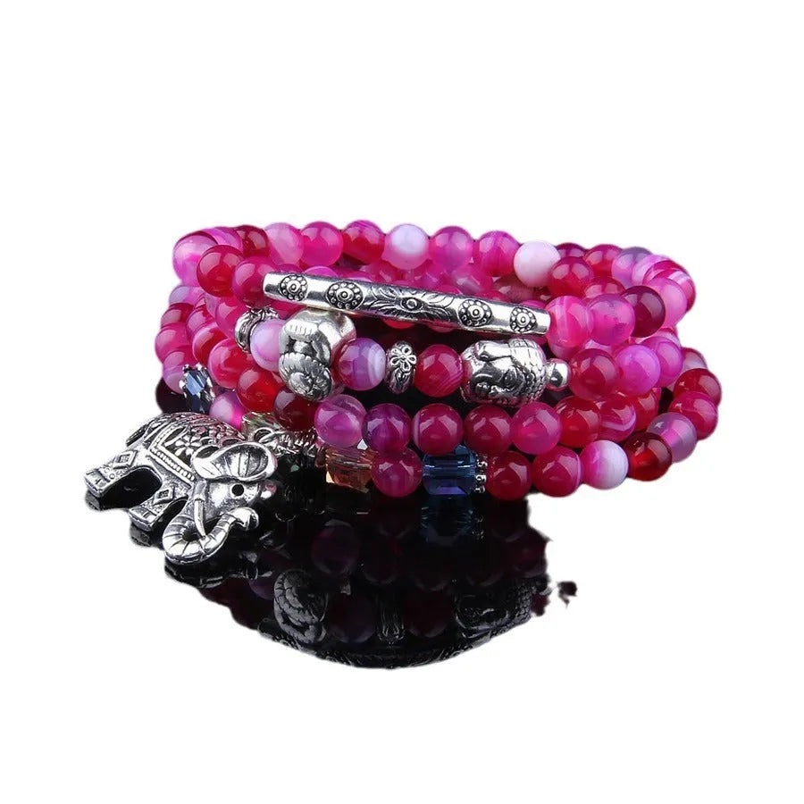 Multi-layer women's agate bracelet with 6mm beads in blue elephant pattern design