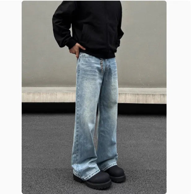Men's blue straight-leg jeans with whisker wash detailing and a flared leg.