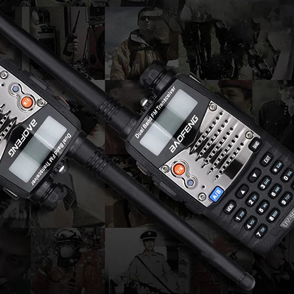 Baofeng UV-5RA dual-frequency radio with dual-display interface showing two active channels