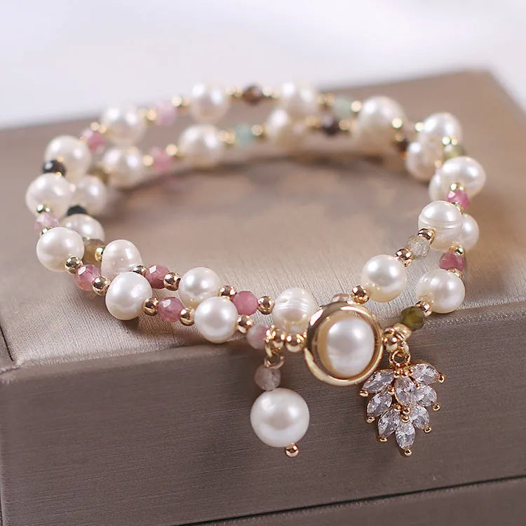 Women's double layer strawberry quartz bracelet with lucky cat charms in red cat's eye flowers colour