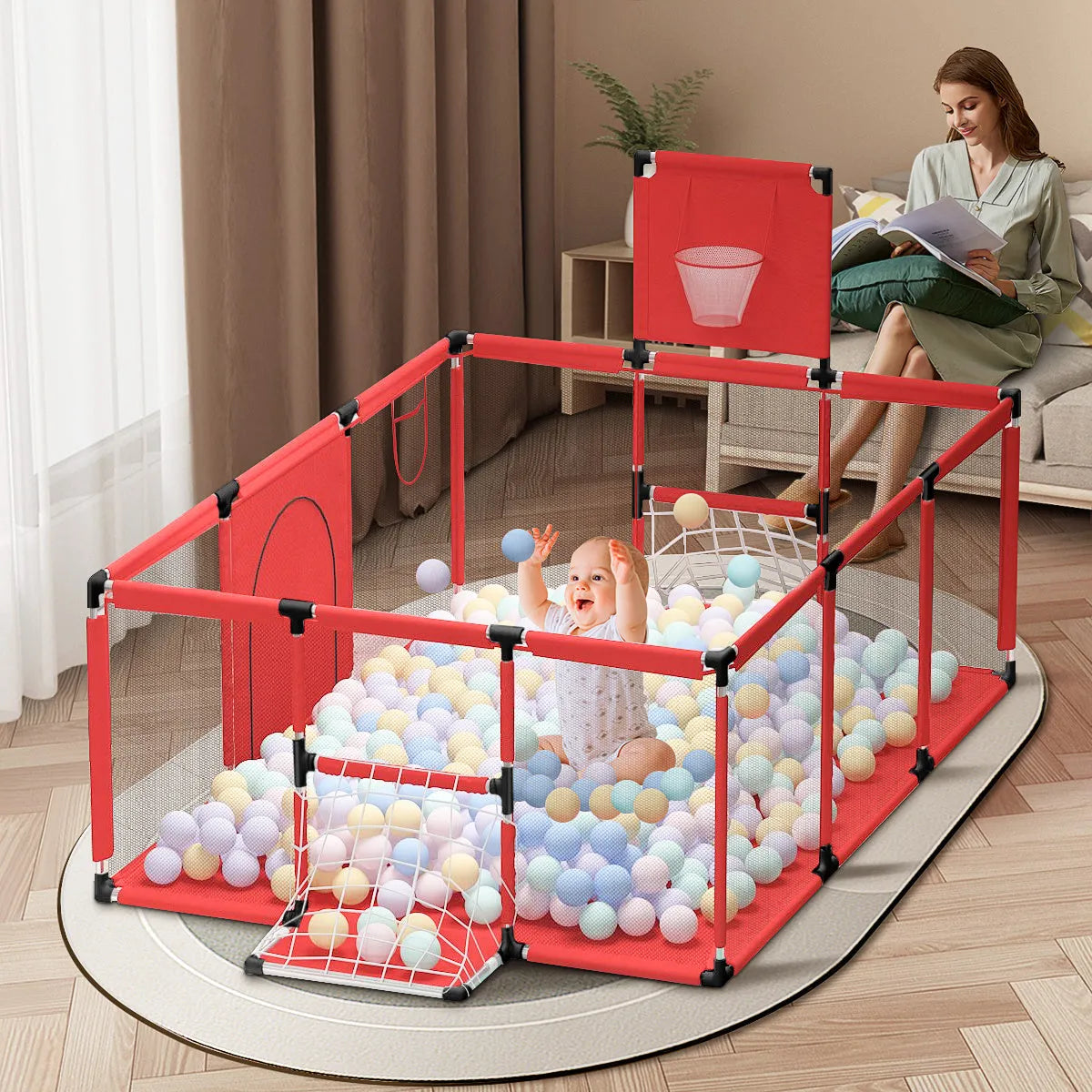A large Dark Grey children's playpen tent with steel frame set up indoors on a carpet.