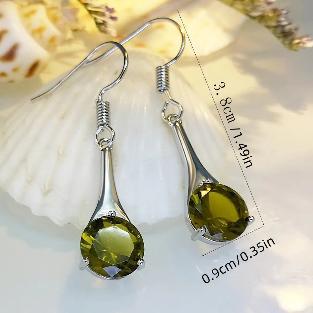 Olive green topaz earrings with water drop shape measuring 2-3cm, electroplated alloy construction