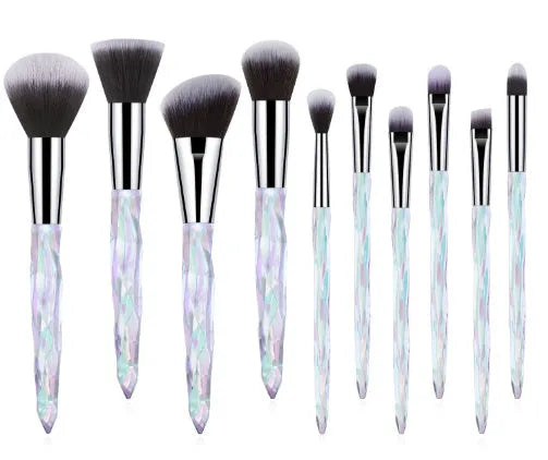 10 clear crystal foundation brushes with diamond shank handles and synthetic bristles arranged in set