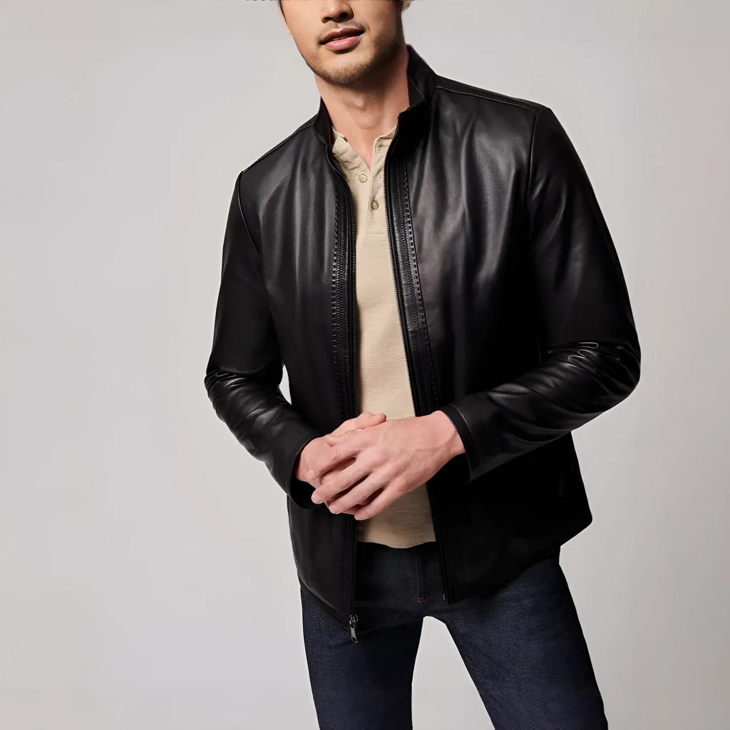Men's black retro-style leather-look jacket with long sleeves and a straight hem