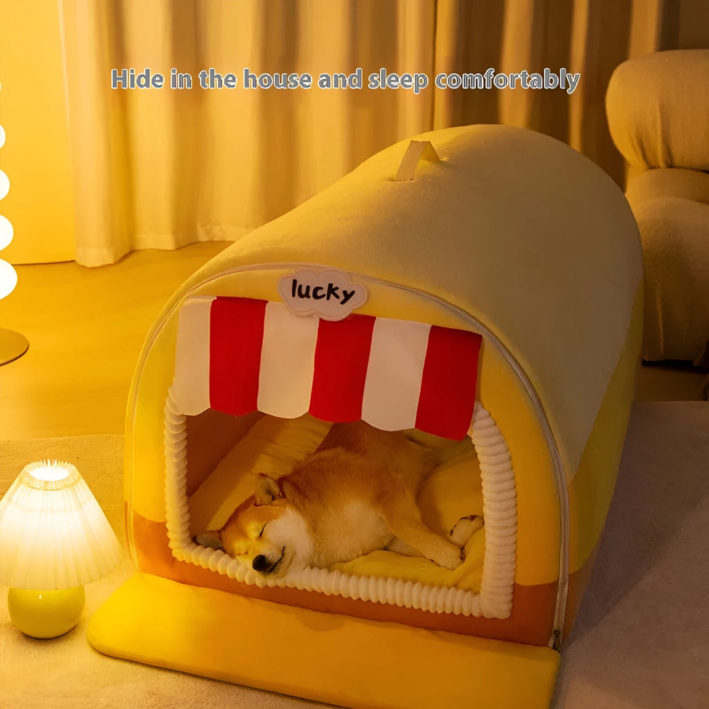 Large painted dog bed with sponge mattress in autumn winter colours