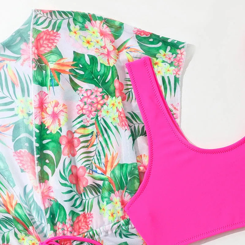 Girls' two-piece swimsuit with Korean-style floral pattern, high-elasticity polyester fabric for swimming