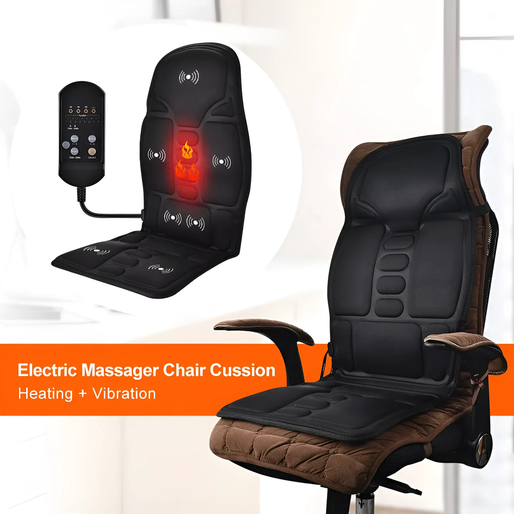 Black electric cervical kneading massager with remote control and international plug adapters.