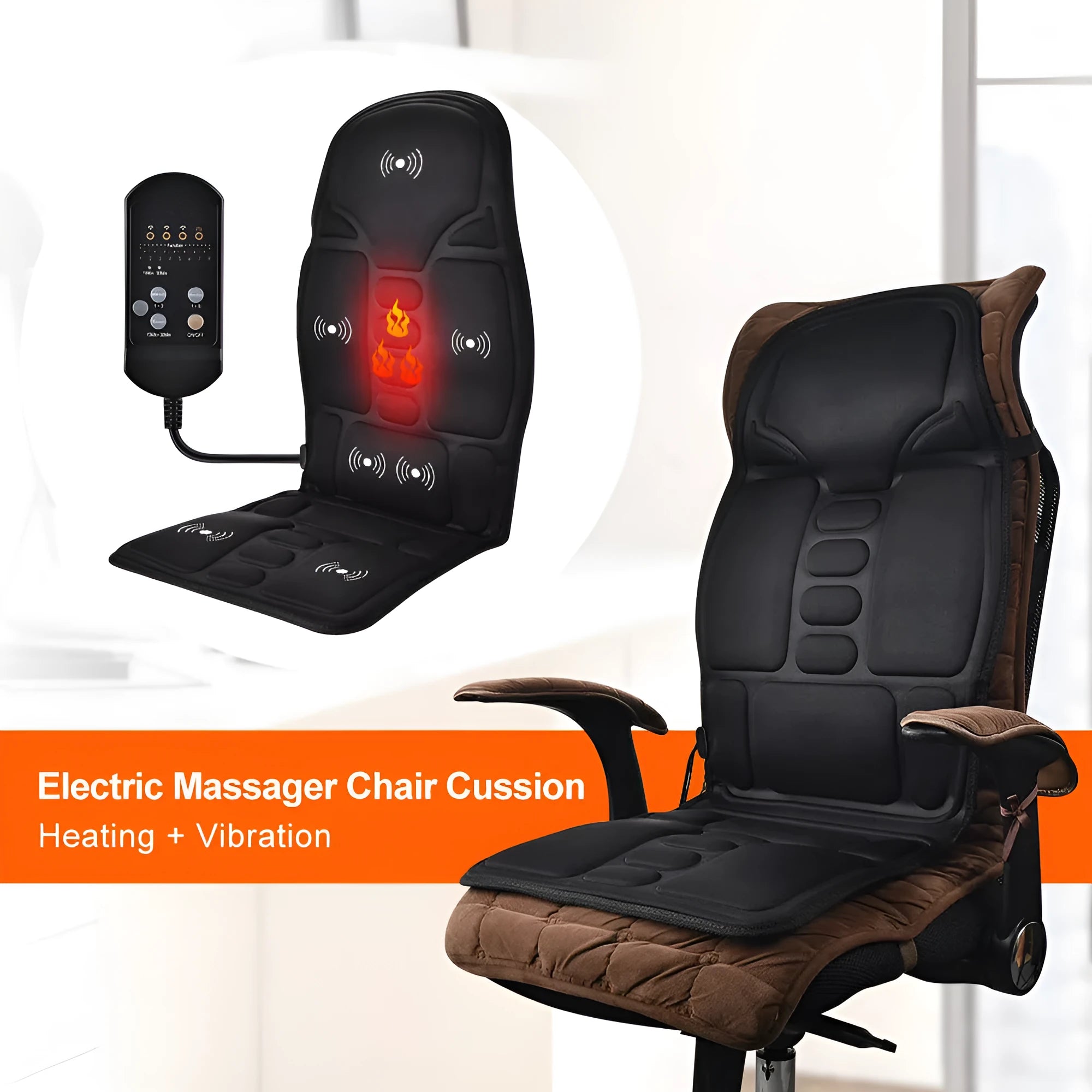 Black electric cervical kneading massager with remote control and international plug adapters.