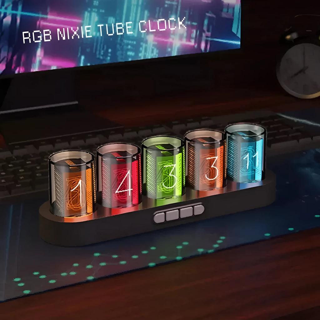 RGB LED digital tube clock showing colourful time display on a desk.