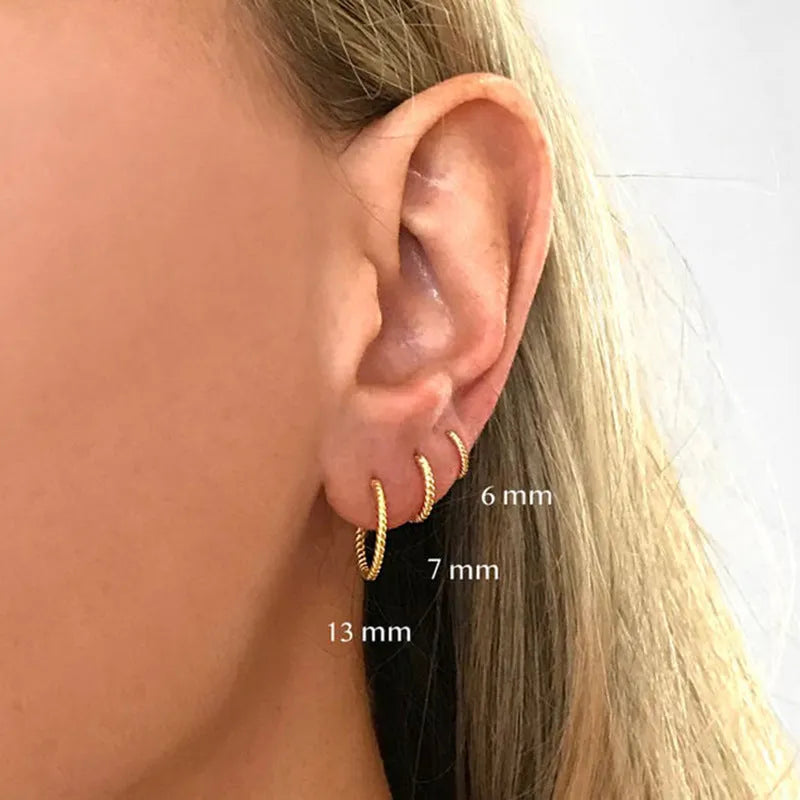 Twist S925 sterling silver twisted string round ring earrings with electroplated gold finish in 13mm size
