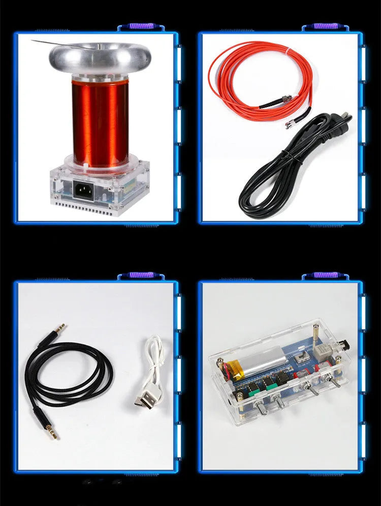 Music Tesla coil driver board chassis with connections for power, audio, and controller, showing dimensions 100x115x205mm.