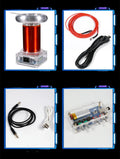 Music Tesla coil driver board chassis with connections for power, audio, and controller, showing dimensions 100x115x205mm.