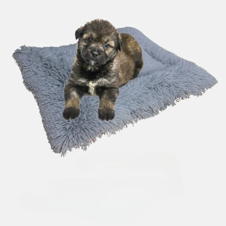 Grey double layer pet blanket nest with fluffy plush top and black non-slip bottom.