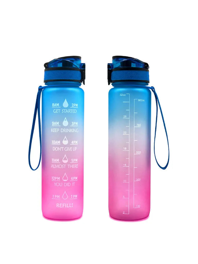 Clear 1000ml Tritan sports water bottle with blue lid and infuser inside, showing measurements.