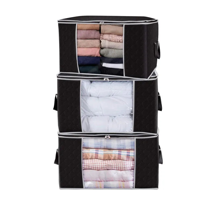 Non-woven storage bag for quilts and clothing with handbag design in beige colour showing seal function