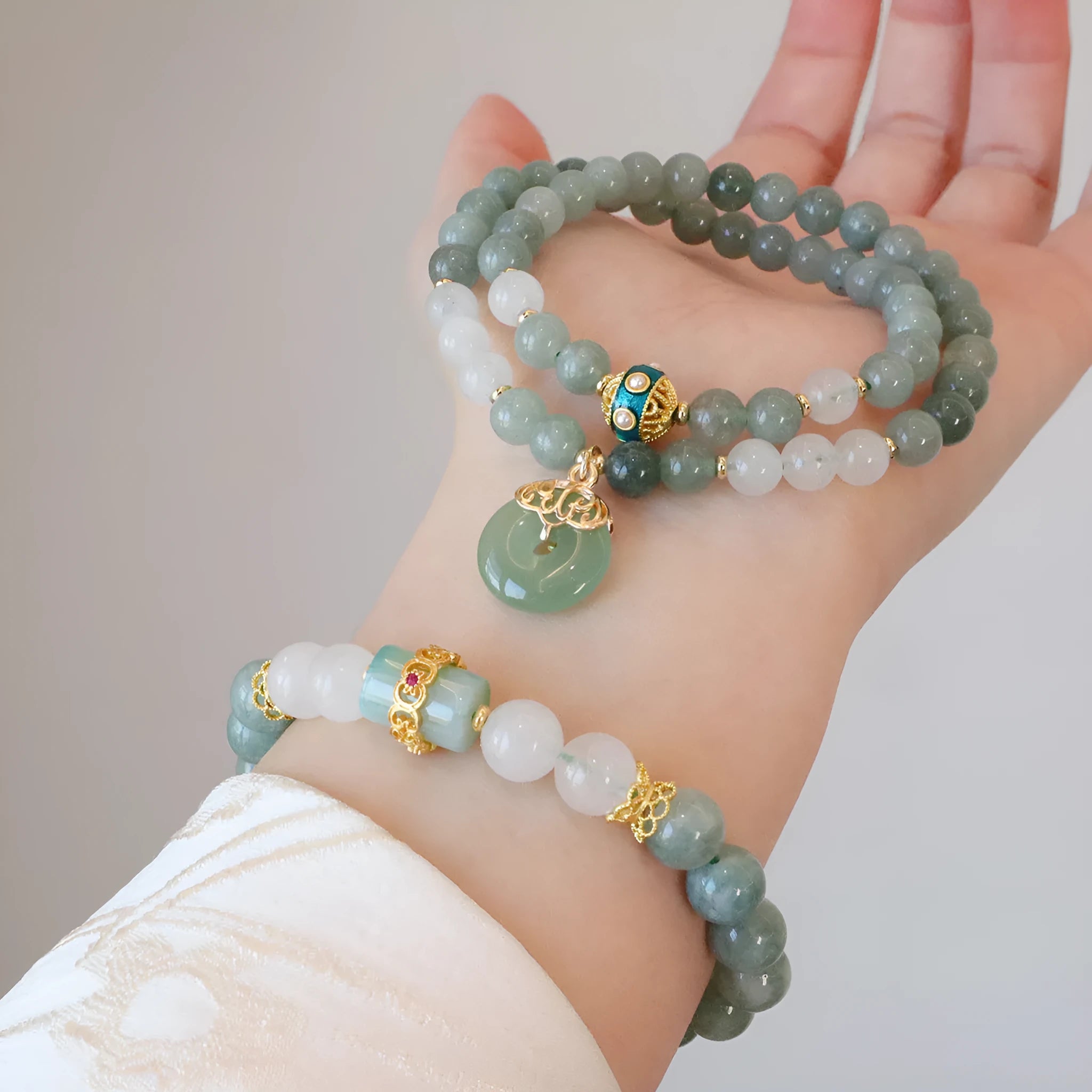 Women's Myanmar jade safety buckle bracelet with geometric shapes and crystal details