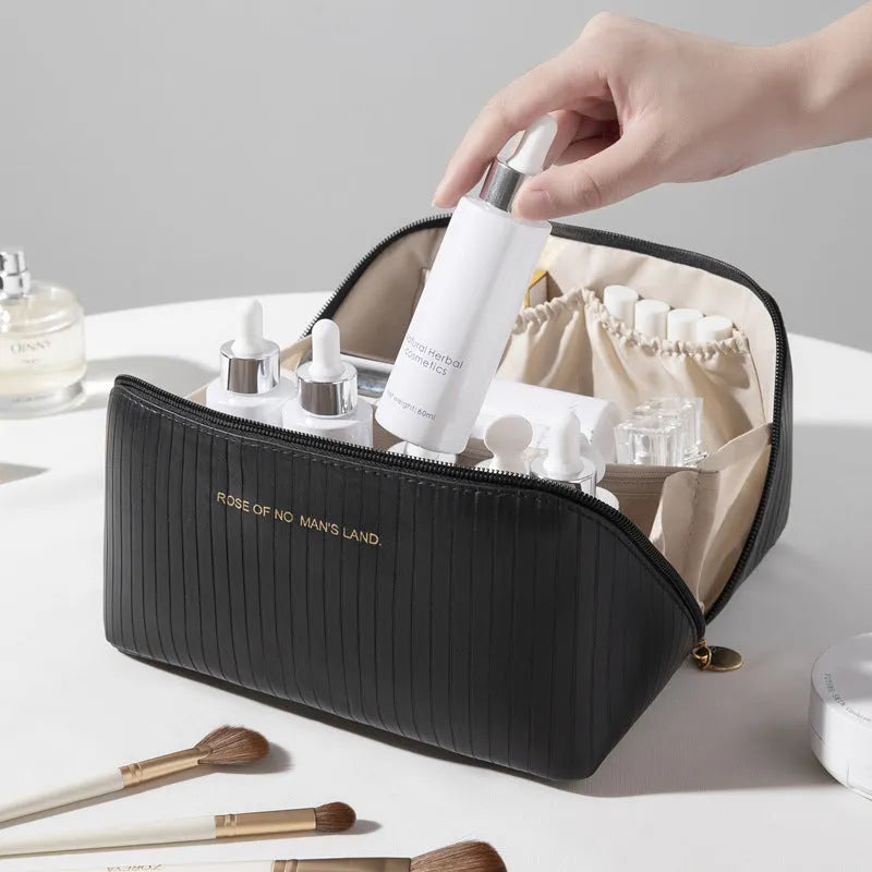 Vertical pattern cubic makeup bag in beige, black, brown, grey, or pink with 22.5cm dimensions