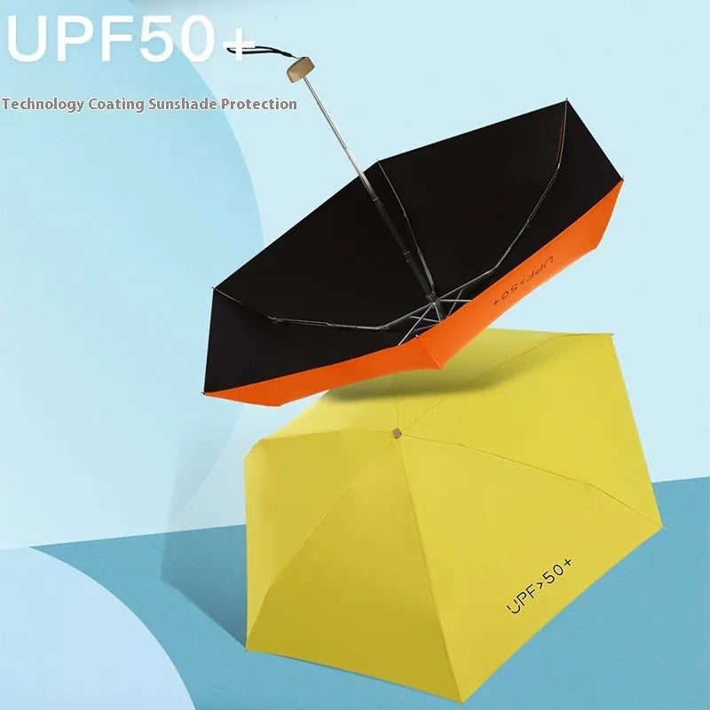 Closed five-fold compact sun umbrella with rubber handle, shown in a selection of colours.