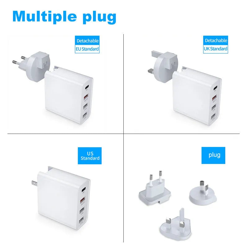 White fast charge charger with multiple USB ports for PD and QC 3.0 mobile phone charging